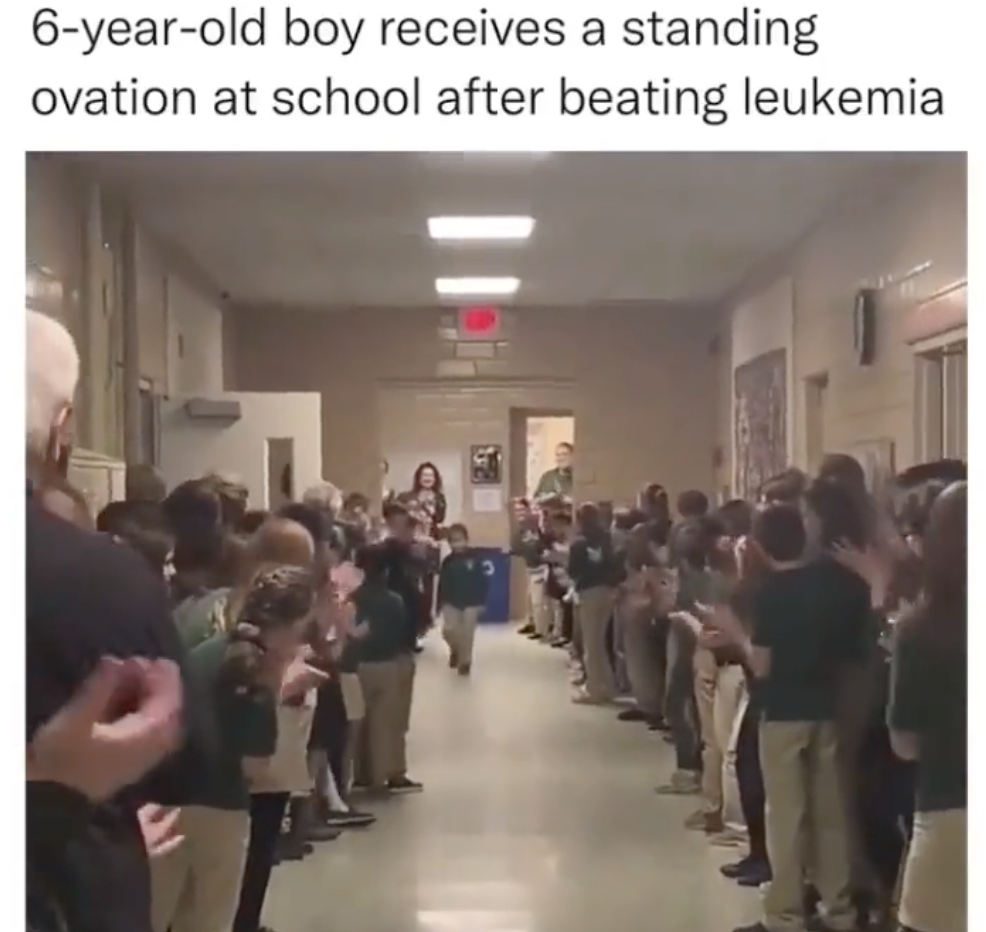dudes posting their w's - presentation - 6yearold boy receives a standing ovation at school after beating leukemia