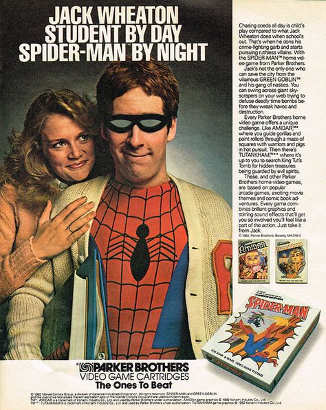 Vintage Gaming Ads - 80s video game ad - Jack Wheaton Student By Day SpiderMan By Night Parker Brothers Video Game Cartridges The Ones To Beat 192MG Cance in Copener Eng Spoerman Green Co pers Pamoar Thk Tutankham Chasing coeds all day is child's play com