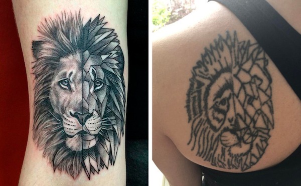 things that are depressing - half geometric half real lion tattoo