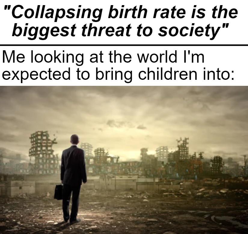 funny memes and pics - watching the apocalypse - "Collapsing birth rate is the biggest threat to society" Me looking at the world I'm expected to bring children into