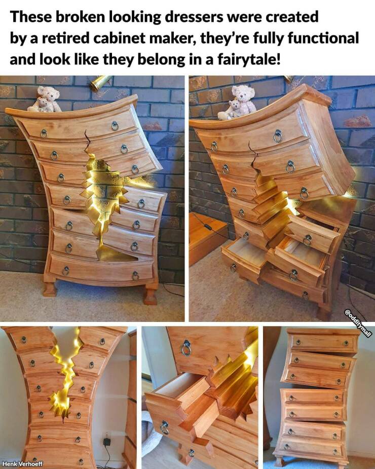 whimsical furniture - These broken looking dressers were created by a retired cabinet maker, they're fully functional and look they belong in a fairytale! Henk Verhoeff S