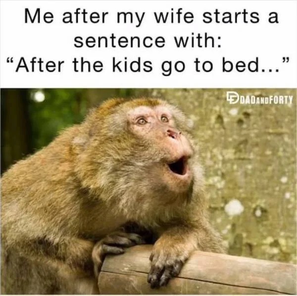 tantric tuesday spicy memes - testicular monkey - Me after my wife starts a sentence with "After the kids go to bed...' Dadandforty 33