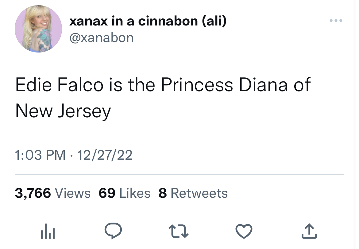 twitter fake verified tweets - xanax in a cinnabon ali Edie Falco is the Princess Diana of New Jersey 122722 3,766 Views 69 8 27