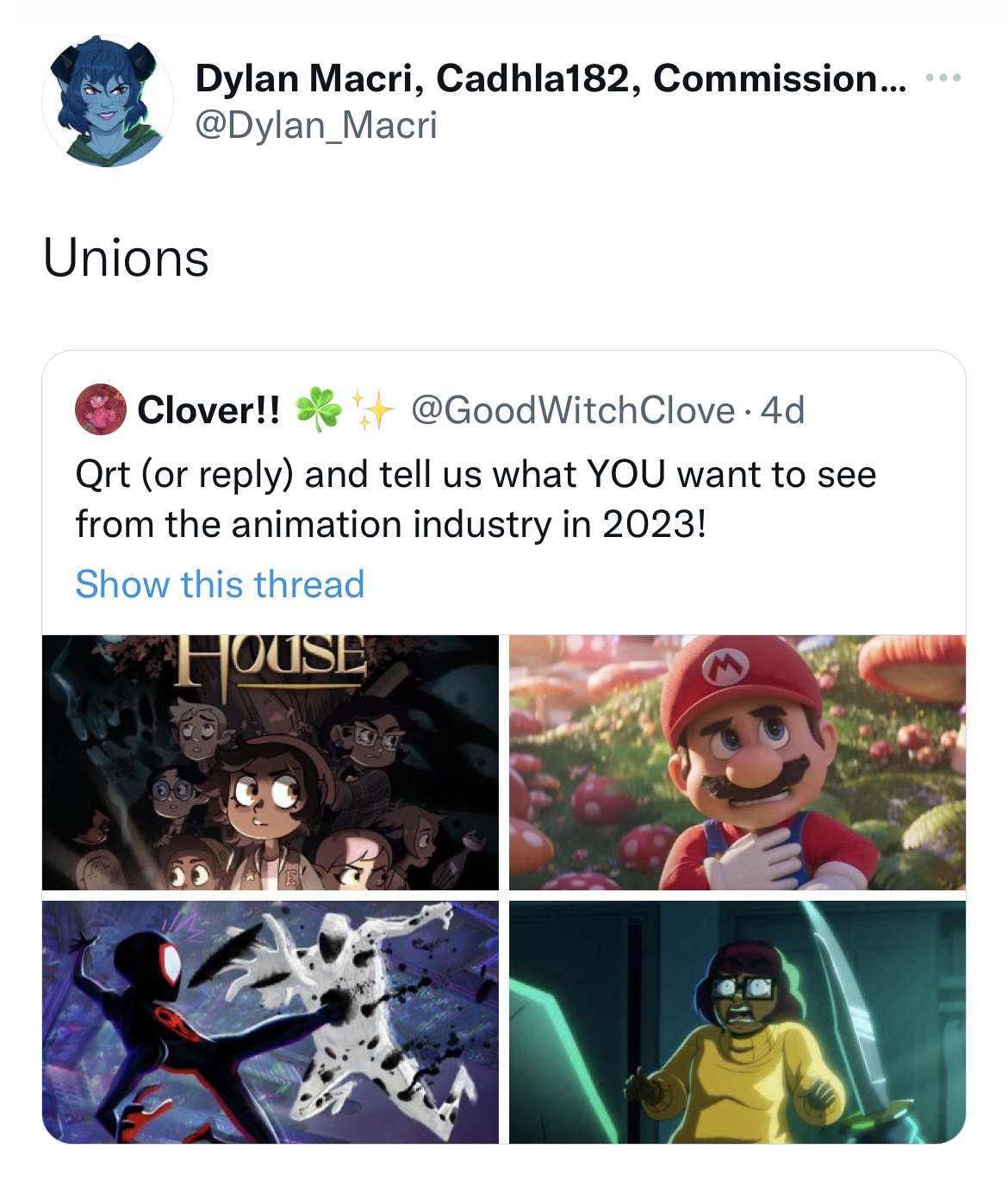 cartoon - Dylan Macri, Cadhla182, Commission... Unions Clover!! WitchClove4d Qrt or and tell us what You want to see from the animation industry in 2023! Show this thread House