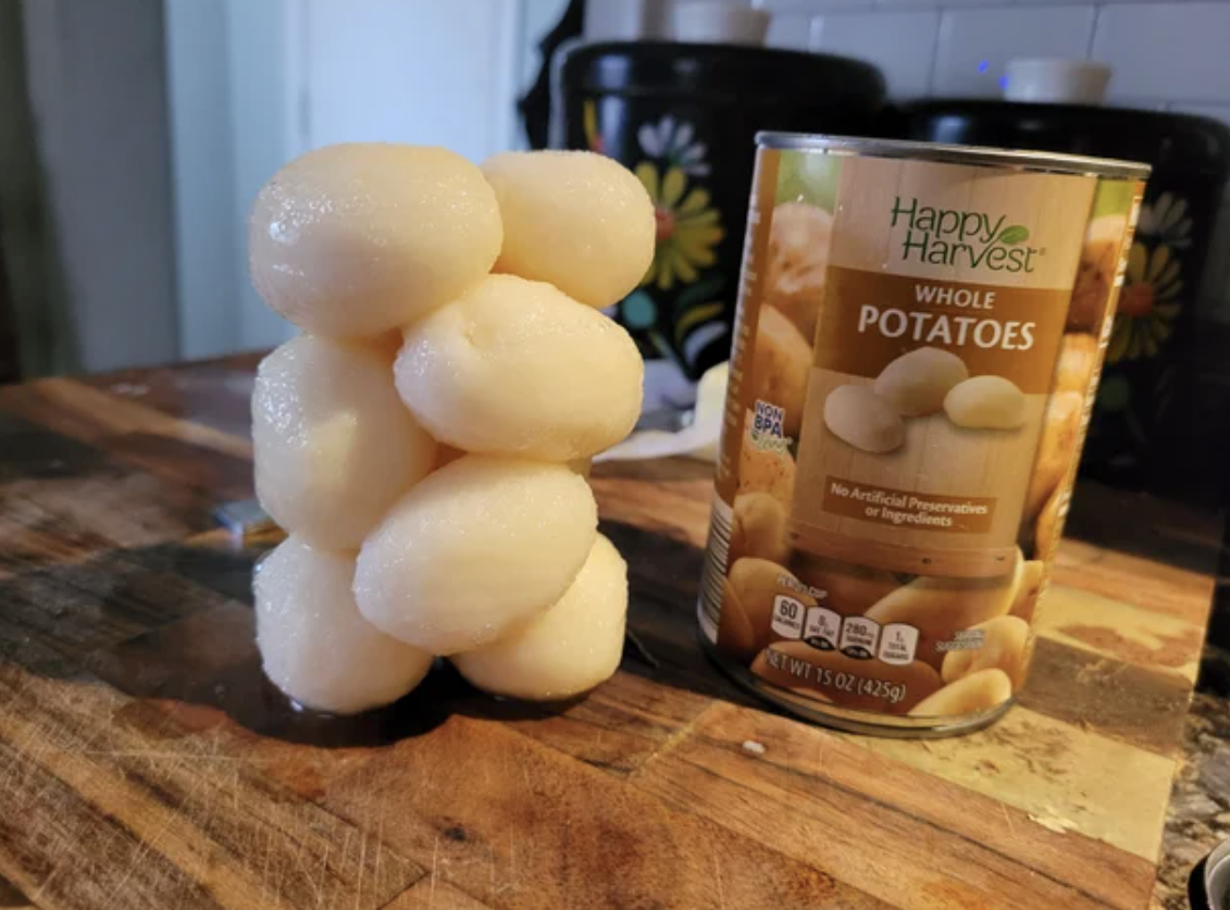Potatoes stuck in the shape of the can.