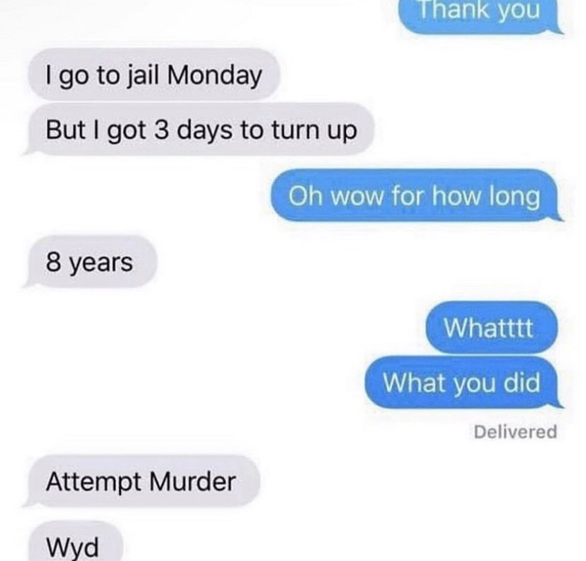 suspicious dms from twitter - material - I go to jail Monday But I got 3 days to turn up 8 years Attempt Murder Wyd Thank you Oh wow for how long Whatttt What you did Delivered