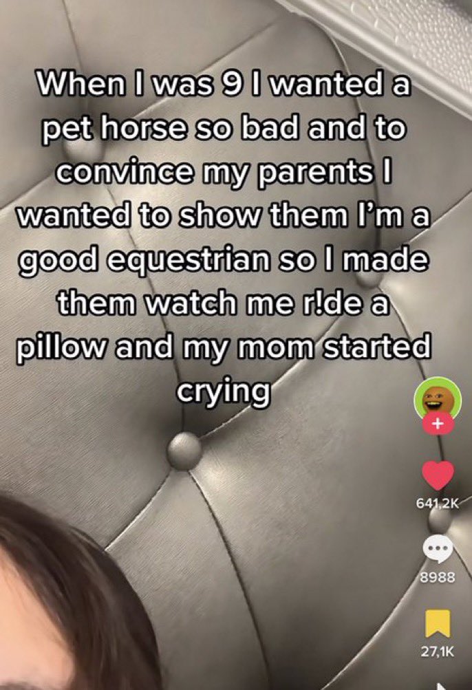 wild tiktok screenshots - photo caption - When I was 9 I wanted a pet horse so bad and to convince my parents I wanted to show them I'm a good equestrian so I made them watch me r!de a pillow and my mom started crying 8988
