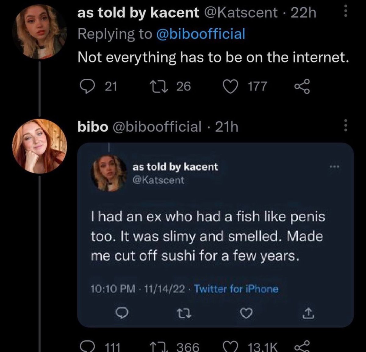 the internet hall of shame - screenshot - as told by kacent 22h Not everything has to be on the internet. 21 26 bibo 21h as told by kacent 111 I had an ex who had a fish penis too. It was slimy and smelled. Made me cut off sushi for a few years. 111422 Tw
