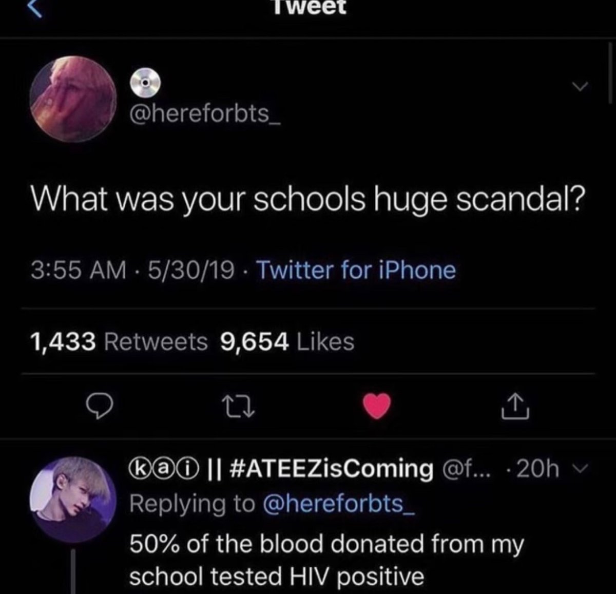 the internet hall of shame - your schools biggest scandal - What was your schools huge scandal? 53019 Twitter for iPhone 1,433 9,654 27 k@ || ... .20h 50% of the blood donated from my school tested Hiv positive