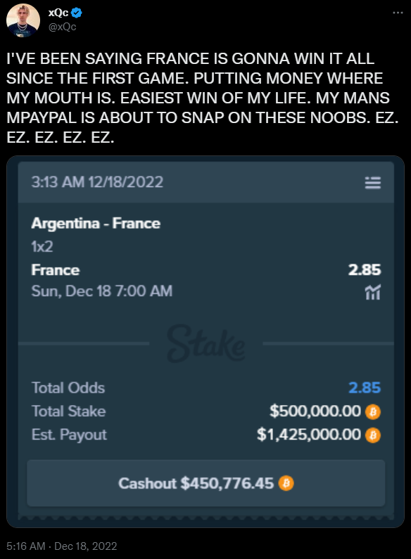 posts that aged poorly - xQc - xQc I'Ve Been Saying France Is Gonna Win It All Since The First Game. Putting Money Where My Mouth Is. Easiest Win Of My Life. My Mans Mpaypal Is About To Snap On These Noobs. Ez. Ez. Ez. Ez. Ez. 12182022 Argentina France 1x