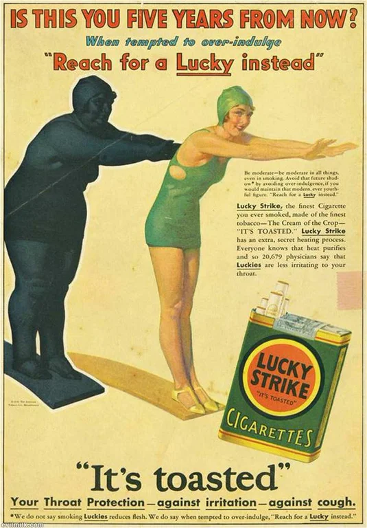 posts that aged poorly - lucky strike ads - Is This You Five Years From Now! When tempted to overindulge "Reach for a Lucky instead" is of thes Lucky Strike, the fees Cigaret verd, made fchen tobaccoThe Cream of the Cr "It'S Toasted." Lucky Strike has an 