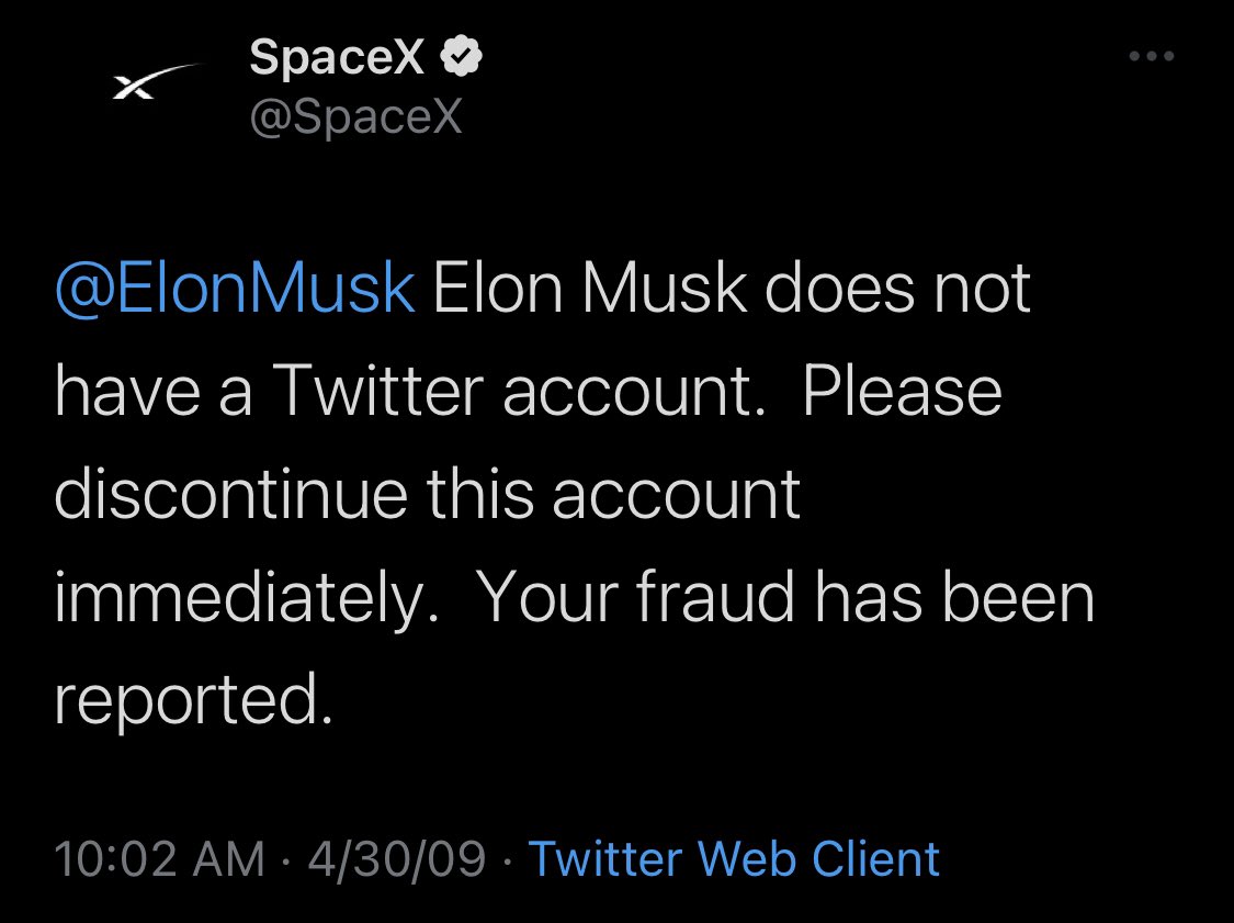 posts that aged poorly - 2022 tweets - SpaceX Musk Elon Musk does not have a Twitter account. Please discontinue this account immediately. Your fraud has been reported. 43009 Twitter Web Client