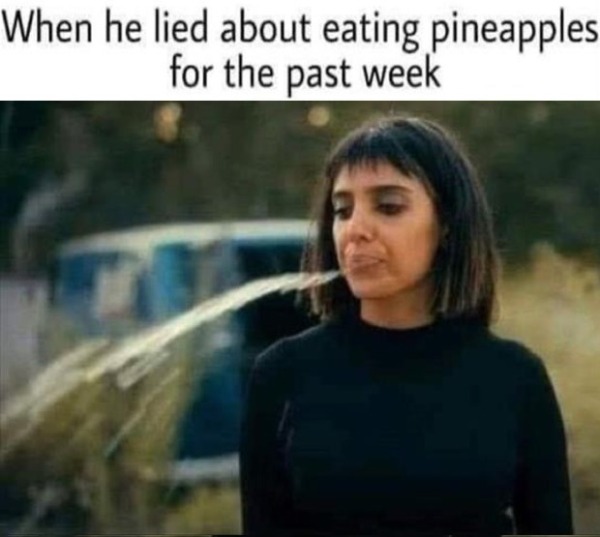 spicy meems - photo caption - When he lied about eating pineapples for the past week