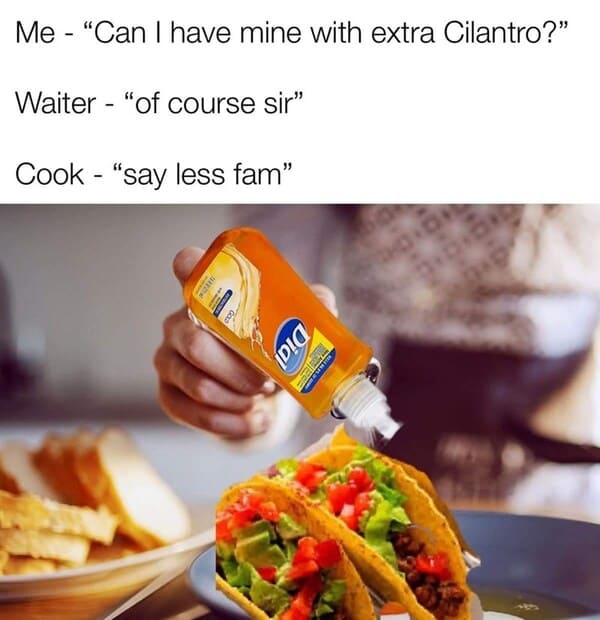 funny and cool pics - salt in food - Me "Can I have mine with extra Cilantro?" Waiter "of course sir" Cook "say less fam" Ho Gold Dial The Bole Re Ps. Je Hem