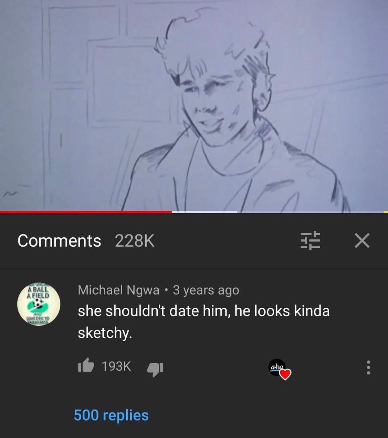funny and savage youtube comments - cartoon - A Ball A Field Somlche 19 Trags Michael Ngwa 3 years ago she shouldn't date him, he looks kinda sketchy. Wi 500 replies aha X