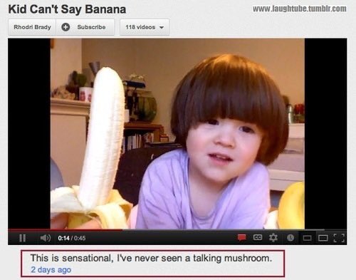 funny and savage youtube comments - funny youtube comments - Kid Can't Say Banana Rhodri Brady Subscribe 118 videos This is sensational, I've never seen a talking mushroom. 2 days ago