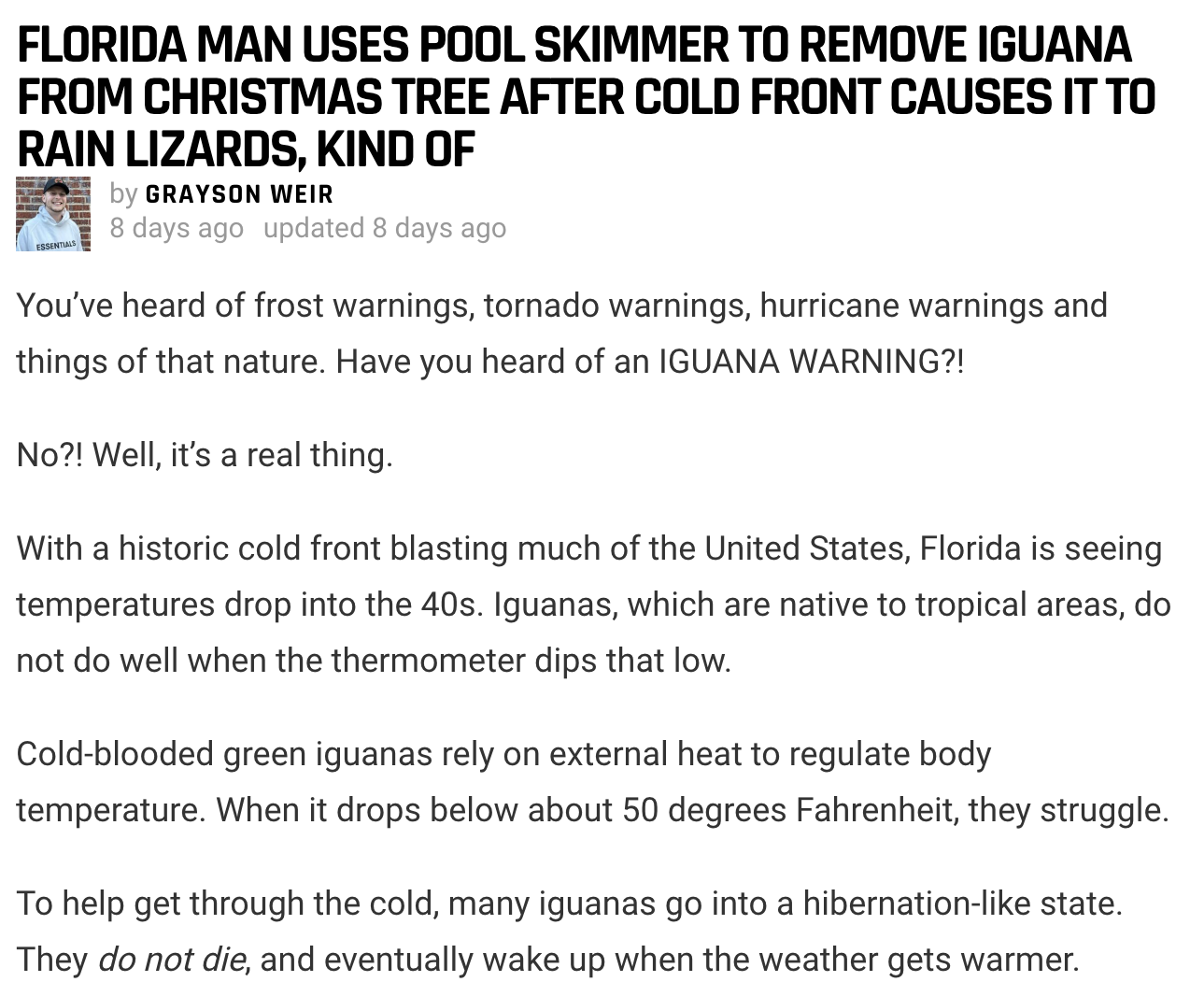 Best of Florida Man 2022 - document - Florida Man Uses Pool Skimmer To Remove Iguana From Christmas Tree After Cold Front Causes It To Rain Lizards, Kind Of by Grayson Weir 8 days ago updated 8 days ago Essentials You've heard of frost warnings, tornado w