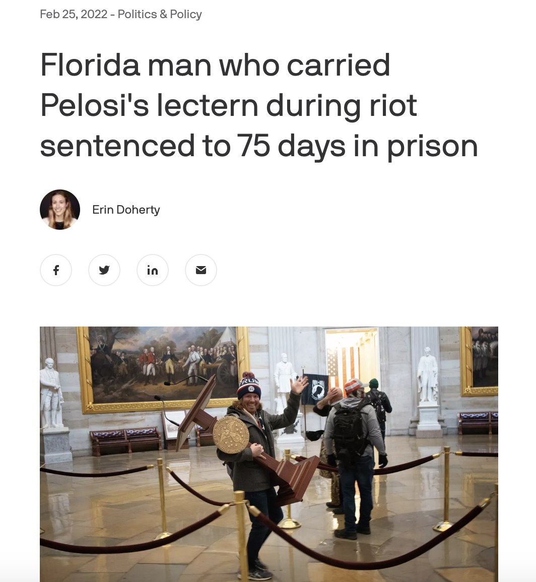 Best of Florida Man 2022 - lectern guy - Politics & Policy Florida man who carried Pelosi's lectern during riot sentenced to 75 days in prison f Erin Doherty in Clin