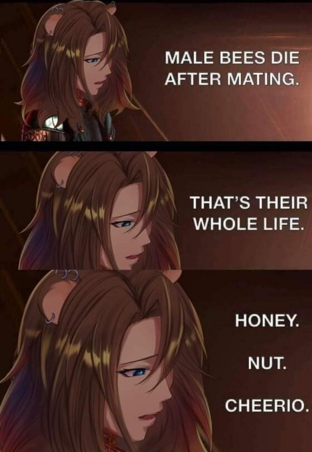 dank memes - anime - Male Bees Die After Mating. That'S Their Whole Life. Honey. Nut. Cheerio.