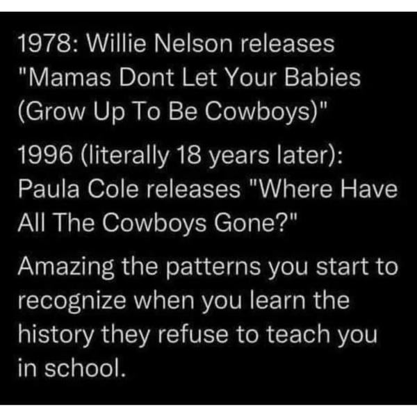 angle - 1978 Willie Nelson releases "Mamas Dont Let Your Babies Grow Up To Be Cowboys" 1996 literally 18 years later Paula Cole releases "Where Have All The Cowboys Gone?" Amazing the patterns you start to recognize when you learn the history they refuse 