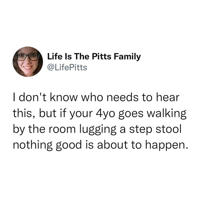 head - Life Is The Pitts Family I don't know who needs to hear this, but if your 4yo goes walking by the room lugging a step stool nothing good is about to happen.