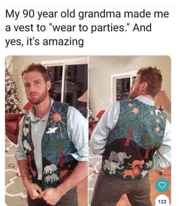 bros helping bros - Meme - My 90 year old grandma made me a vest to "wear to parties." And yes, it's amazing bobog 122