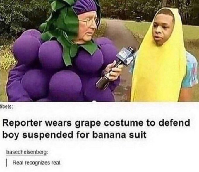 bros helping bros - real recognize real grape costume - tibets Reporter wears grape costume to defend boy suspended for banana suit basedhelsenberg 1 Real recognizes real.