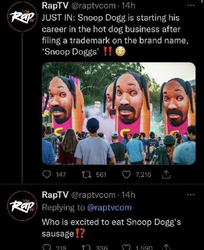 excited to eat snoop dogg's sausage - RapTV 14h Rap Just In Snoop Dogg is starting his career in the hot dog business after filing a trademark on the brand name, 'Snoop Doggs' !! 66 147 1561 RapTV 14h Rap 7,216 Who is excited to eat Snoop Dogg's sausage!?