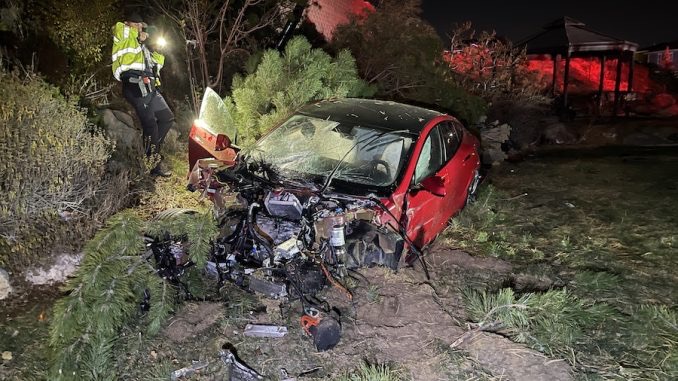 Tesla crashes where everyone survived - tesla model s lands in yard after 30 ft fall 7 people walk away