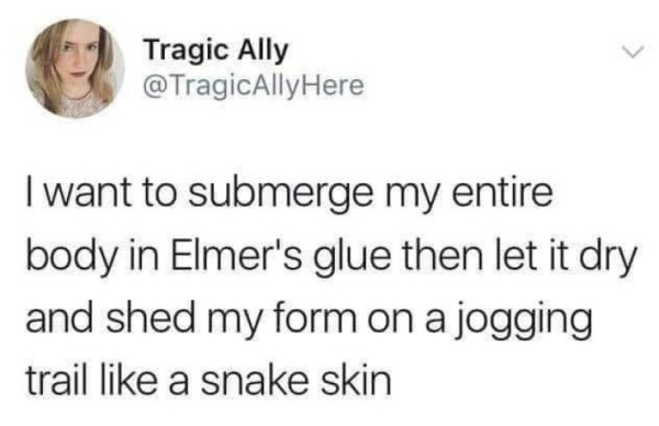 funny random pics and memes - we re not all in the same boat - Tragic Ally Here I want to submerge my entire body in Elmer's glue then let it dry and shed my form on a jogging trail a snake skin