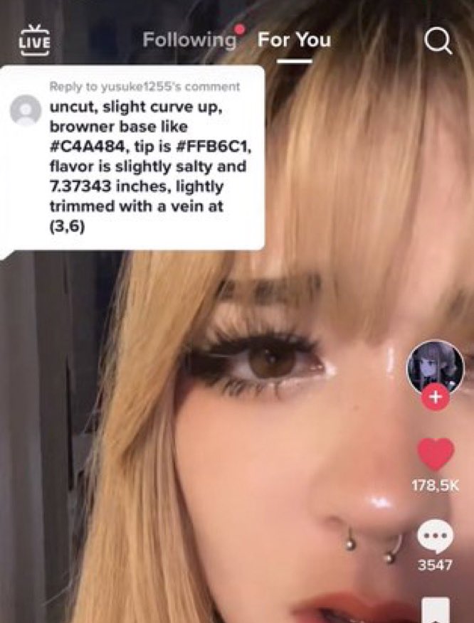wild tiktok screenshots - -  - { ing For You to yusuke1255's comment uncut, slight curve up, browner base , tip is , flavor is slightly salty and 7.37343 inches, lightly trimmed with a vein at 3,6 Kov Q 3547
