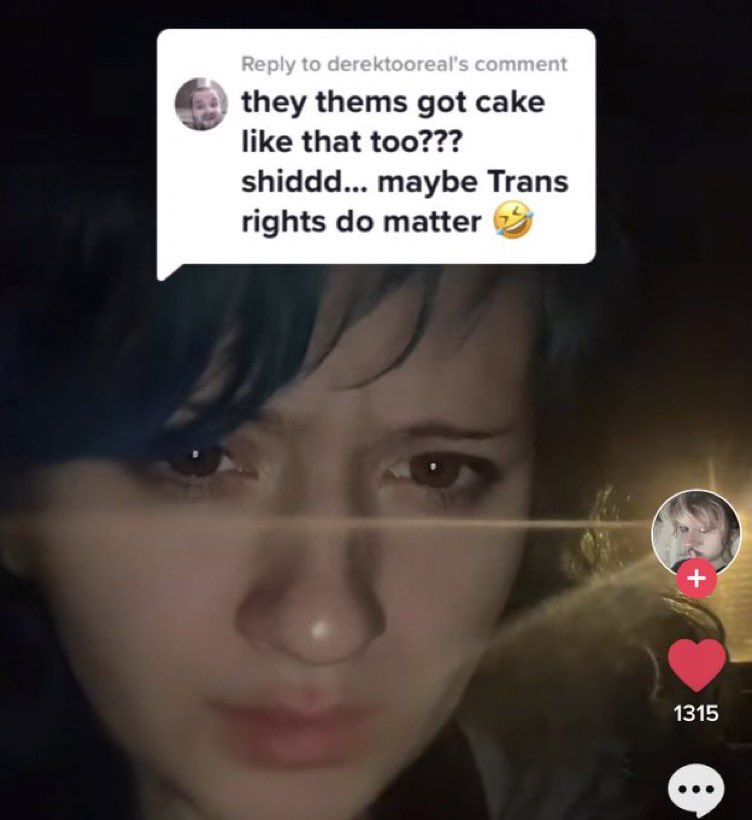 wild tiktok screenshots - photo caption - to derektooreal's comment they thems got cake that too??? shiddd... maybe Trans rights do matter 1315