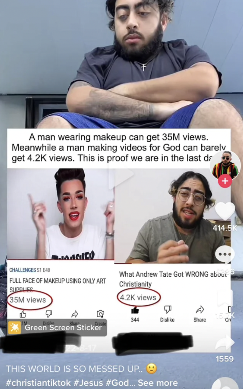 Cringey Pics - beard - A man wearing makeup can get 35M views. Meanwhile a man making videos for God can barelv get views. This is proof we are in the last dr Gheo Challenges Stea Full Face Of Makeup Using Only Art Surglies 35M views Green Screen Sticker