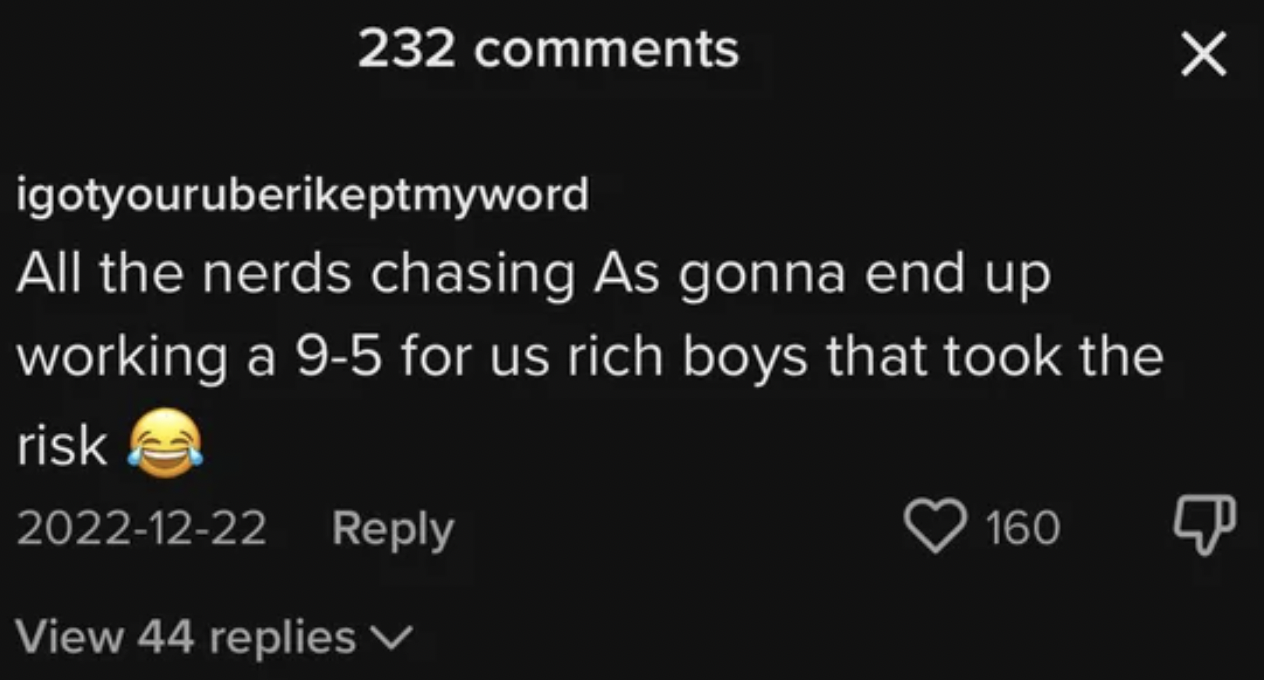 Cringey Pics - light - 232 igotyouruberikeptmyword All the nerds chasing As gonna end up working a 95 for us rich boys that took the risk View 44 replies 160 X