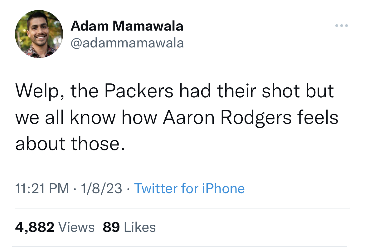 Tweets dunking on celebs - masculine urge twitter - Adam Mamawala Welp, the Packers had their shot but we all know how Aaron Rodgers feels about those. 1823 Twitter for iPhone 4,882 Views 89