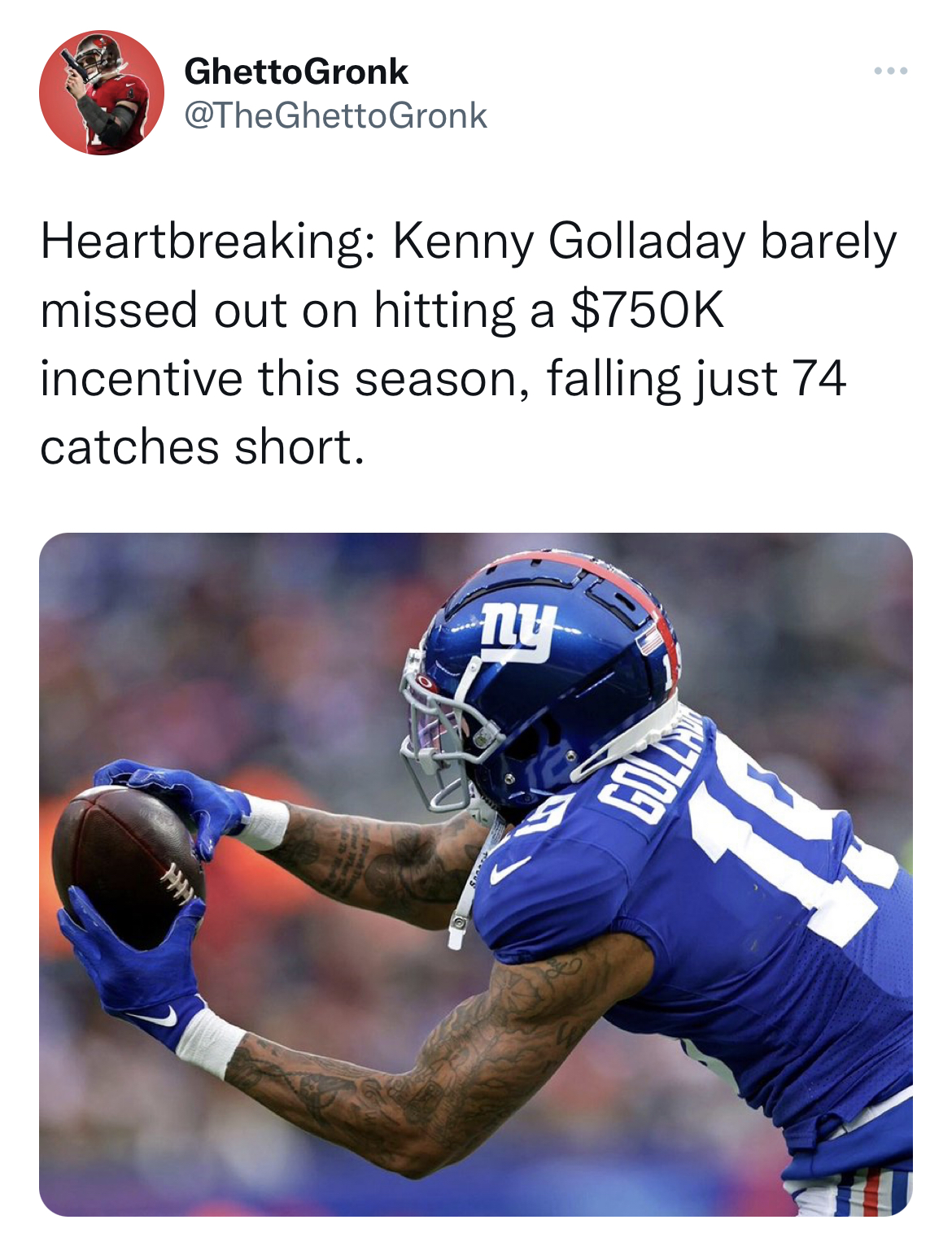 Tweets dunking on celebs - kenny golladay giants - Ghetto Gronk Heartbreaking Kenny Golladay barely. missed out on hitting a $ incentive this season, falling just 74 catches short. ny www 47709 2