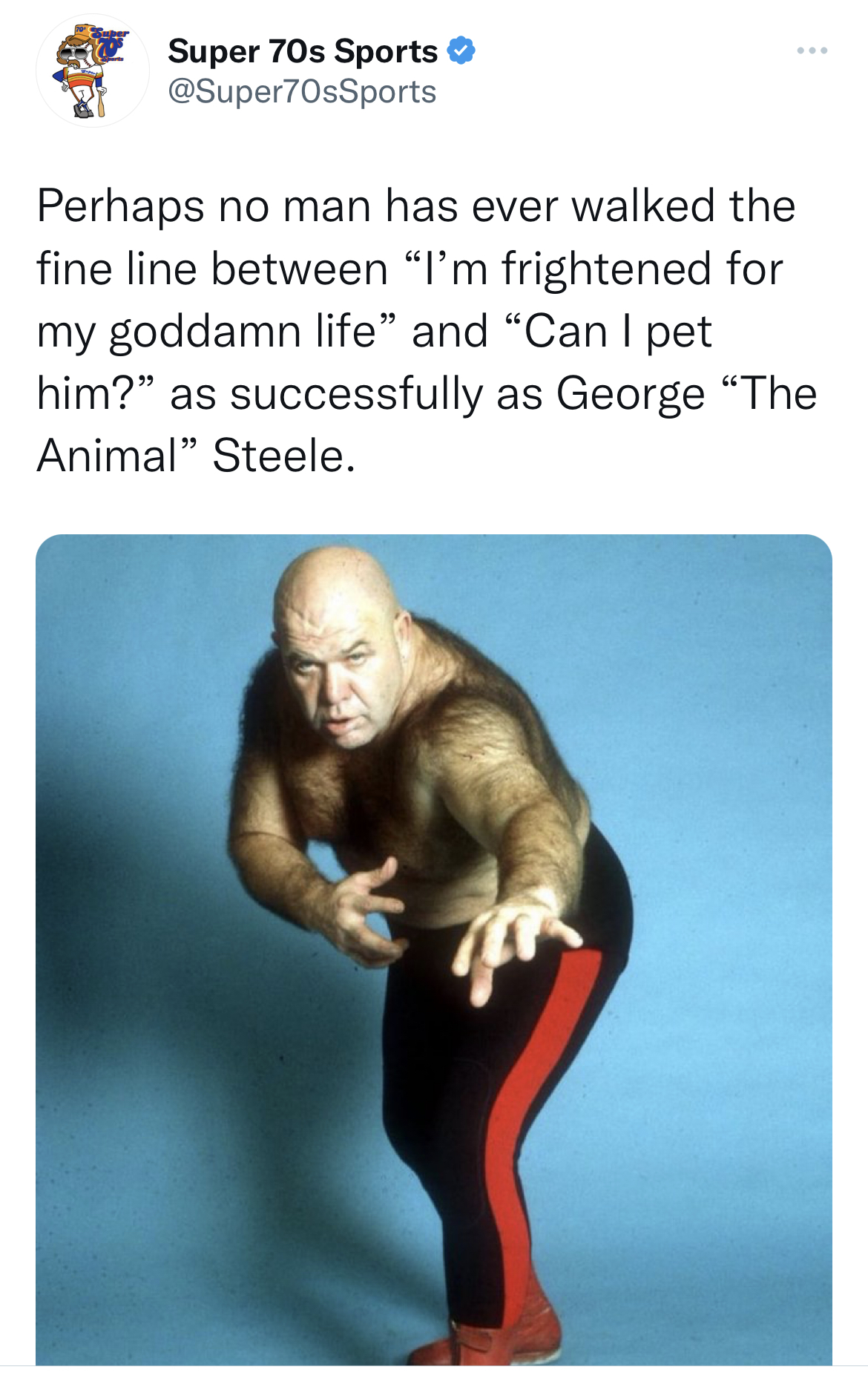 Tweets dunking on celebs - shoulder - Super 70s Sports Perhaps no man has ever walked the fine line between "I'm frightened for my goddamn life" and "Can I pet him?" as successfully as George "The Animal" Steele.