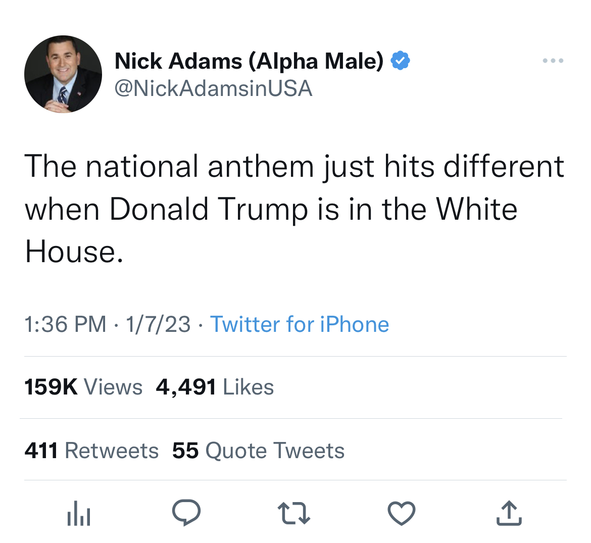 nick adams unhinged tweets - nick adams hooters tweet - Nick Adams Alpha Male Usa The national anthem just hits different when Donald Trump is in the White House. 1723 Twitter for iPhone Views 4,491 411 55 Quote Tweets da 27