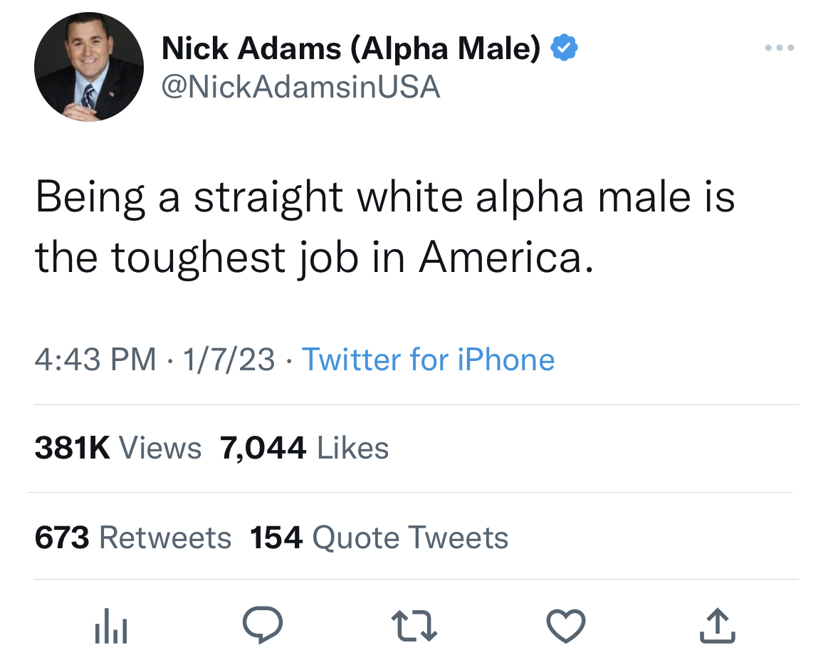 nick adams unhinged tweets - don t we inspirational tweets - Nick Adams Alpha Male Being a straight white alpha male is the toughest job in America. 1723 Twitter for iPhone Views 7,044 673 154 Quote Tweets ala 12