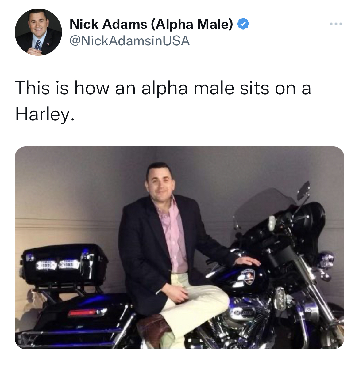 nick adams unhinged tweets - vehicle - Nick Adams Alpha Male This is how an alpha male sits on a Harley.