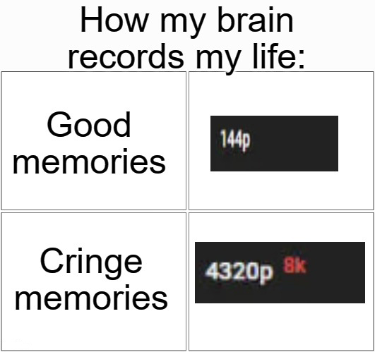 dank memes and pics - relationship quotes - How my brain records my life Good memories Cringe memories 144p 4320p 8k