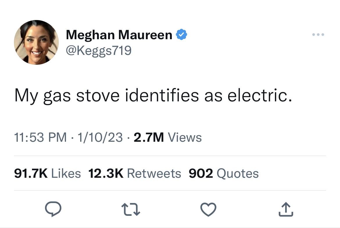 Gas Stove Ban Memes funny instagram tweets - Meghan Maureen My gas stove identifies as electric. 11023 2.7M Views 902 Quotes 27