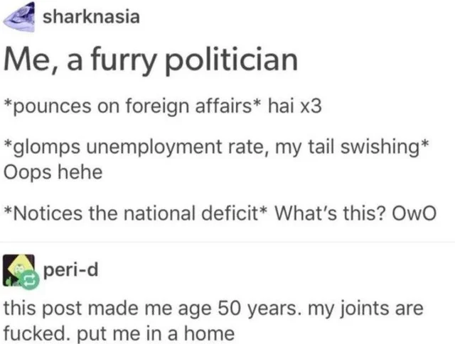 good reddit posts - posts furry - sharknasia Me, a furry politician pounces on foreign affairs hai x3 glomps unemployment rate, my tail swishing Oops hehe Notices the national deficit What's this? Owo perid this post made me age 50 years. my joints are fu
