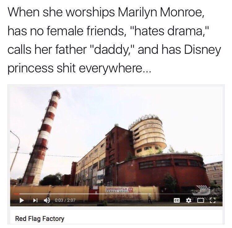 monday morning randomness - red flag factory - When she worships Marilyn Monroe, has no female friends, "hates drama," calls her father "daddy," and has Disney princess shit everywhere... Red Flag Factory 24 Perghy Koregle Cc