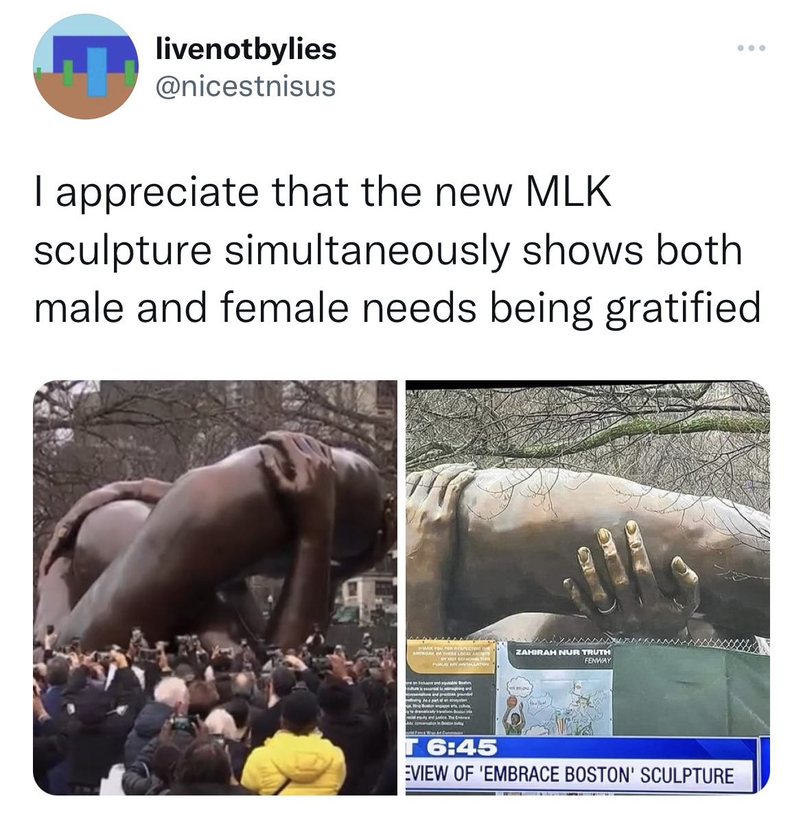 MLK Jr. Sculpture memes - palace of culture rafael uribe uribe - livenotbylies I appreciate that the new Mlk sculpture simultaneously shows both male and female needs being gratified C Sebas Zahahar Truth Eview Of 'Embrace Boston' Sculpture