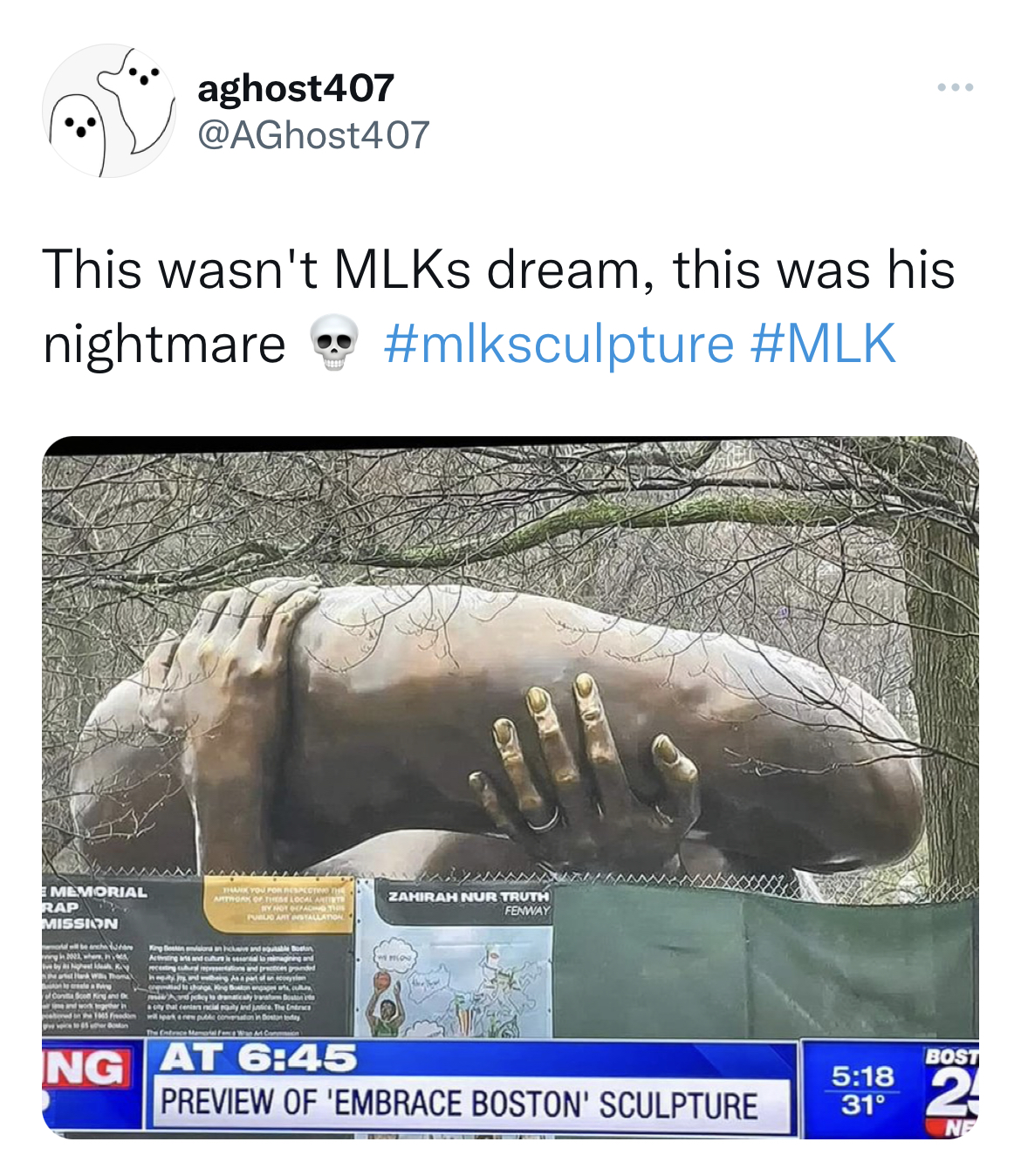 MLK Jr. Sculpture memes - Statue - aghost407 This wasn't Ks dream, this was his nightmare Memorial Mission Ng At Zahrah Nur Truth Fay 502 Preview Of 'Embrace Boston' Sculpture Bost 2 31 Ne