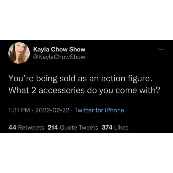 funny randoms and pics - multimedia - Kayla Chow Show ChowShow You're being sold as an action figure. What 2 accessories do you come with? . Twitter for iPhone 44 214 Quote Tweets 374