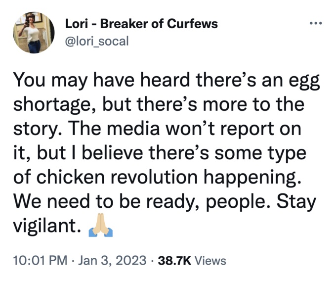 Egg Shortage 2023 memes - quotes - Lori Breaker of Curfews You may have heard there's an egg shortage, but there's more to the story. The media won't report on it, but I believe there's some type of chicken revolution happening. We need to be ready, peopl