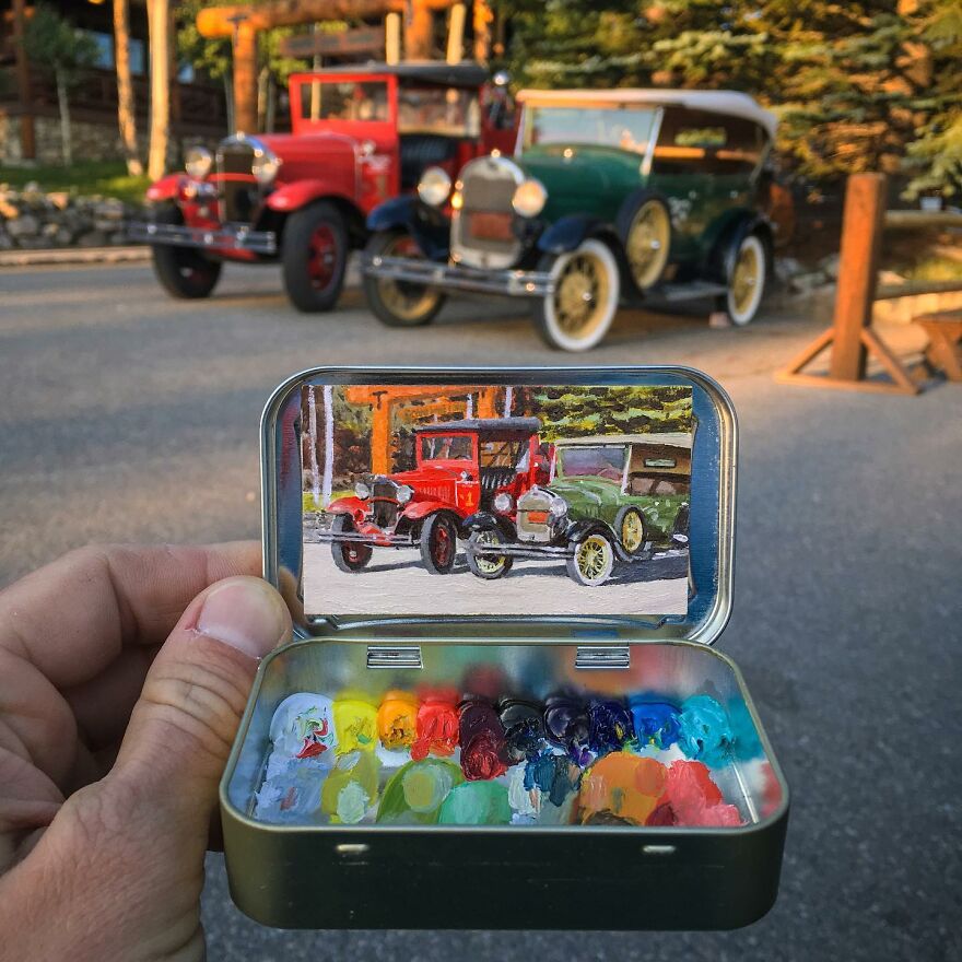 REmington Robinson makes tiny paintings in altoid mint cans.  See more of his work <a href="https://www.remingtonrobinson.com/" target="_blank">here.</a>
