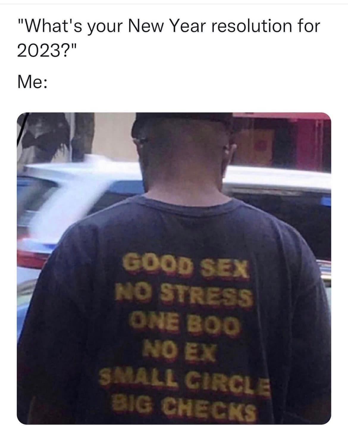funny memems and tweetst shirt - "What's your New Year resolution for 2023?" Me Good Sex No Stress One Boo No Ex Small Circle Big Checks